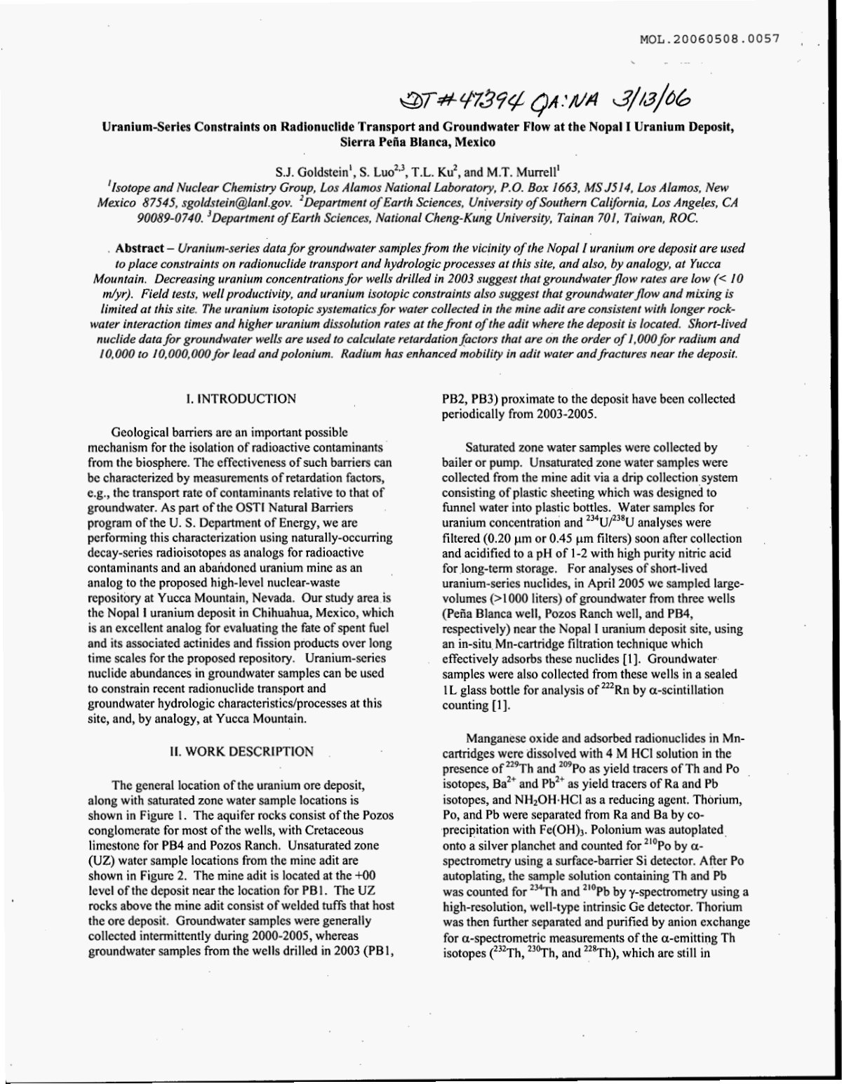 First page of Uranium-Series Constraints on Radionuclide Transport and Groundwater Flow at the Nopal I Uranium Deposit, Sierra Peiia Blanca, Mexico