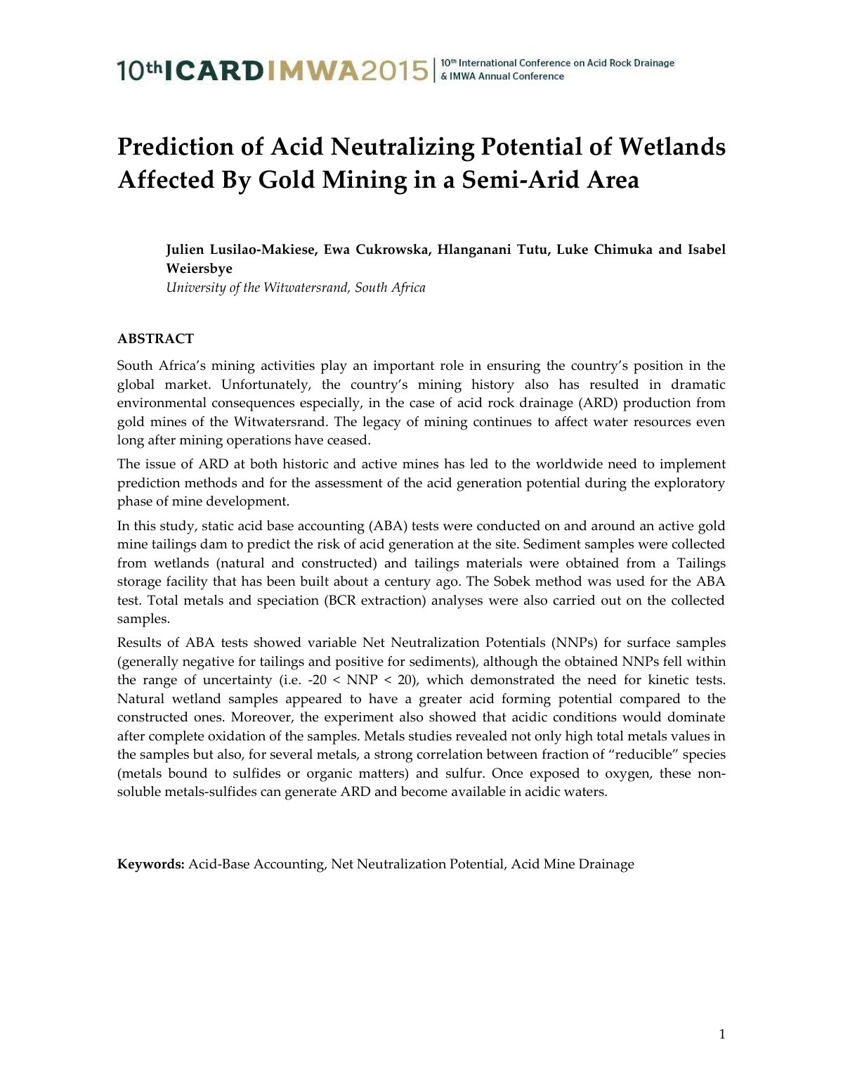 First page of Prediction of Acid Neutralizing Potential of Wetlands Affected By Gold Mining in a Semi-Arid Area
