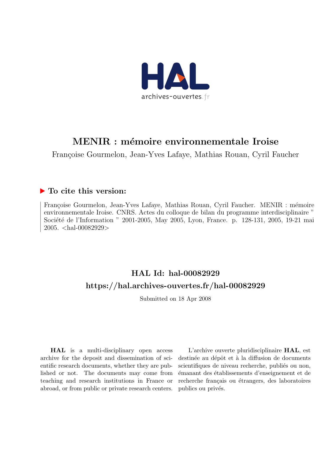 First page of MENIR : m´ emoire environnementale Iroise