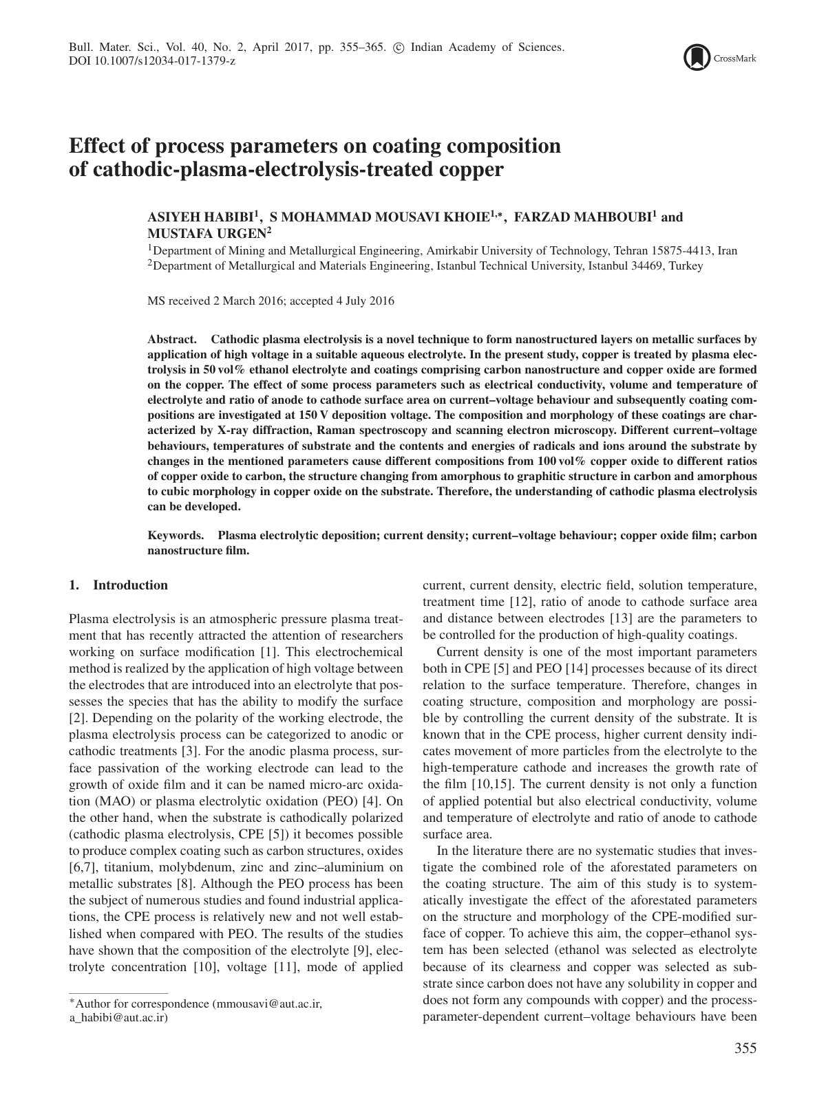 First page of Effect of process parameters on coating composition of cathodic-plasma-electrolysis-treated copper
