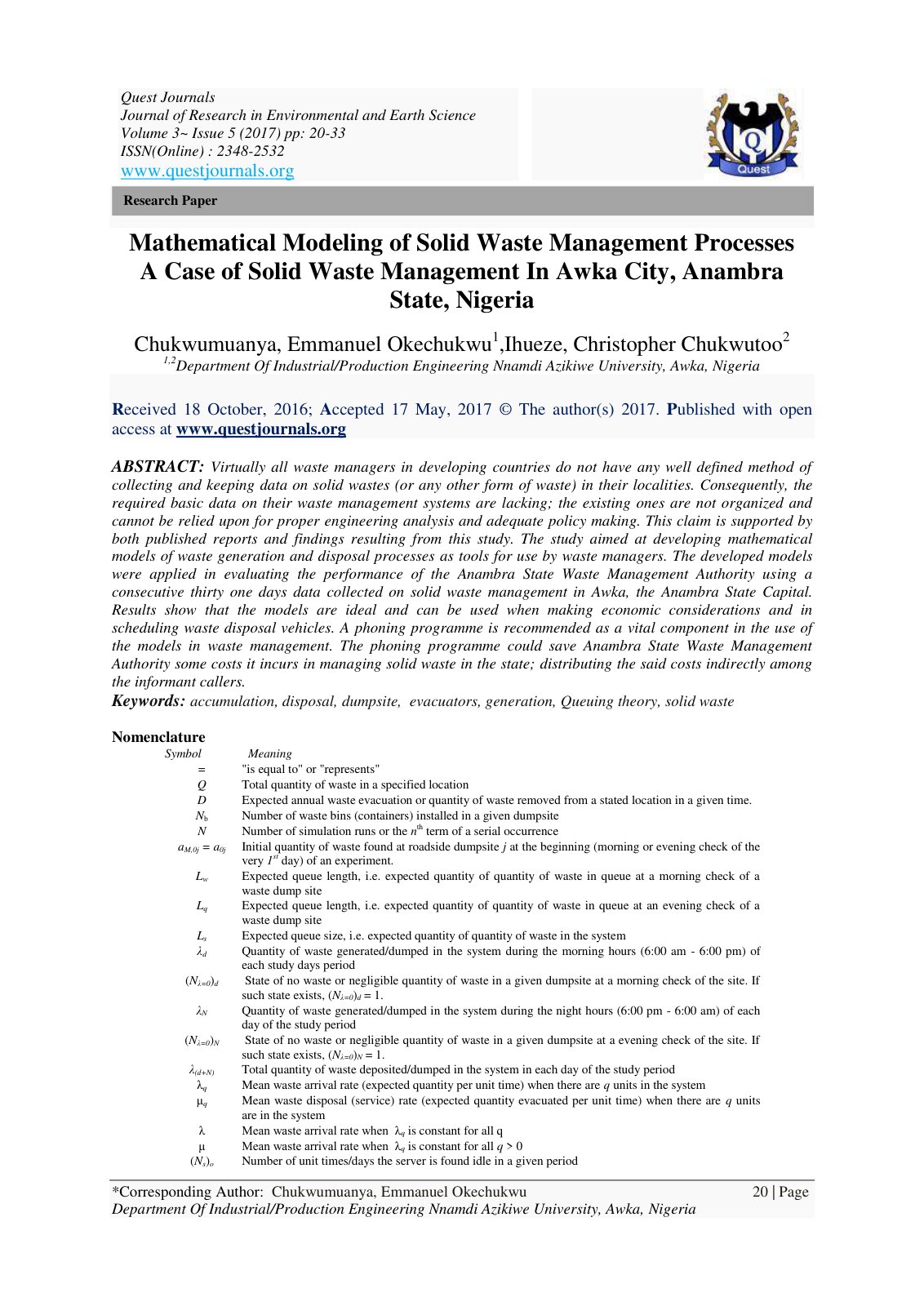 First page of Mathematical Modeling of Solid Waste Man