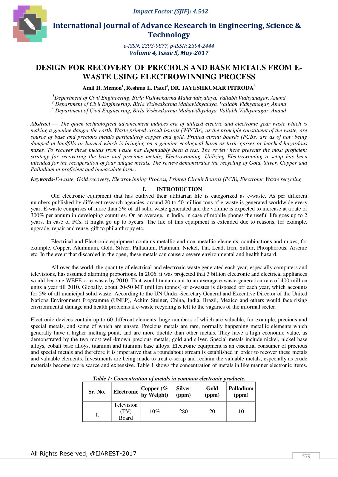 First page of Design for Recovery of Precious and Base