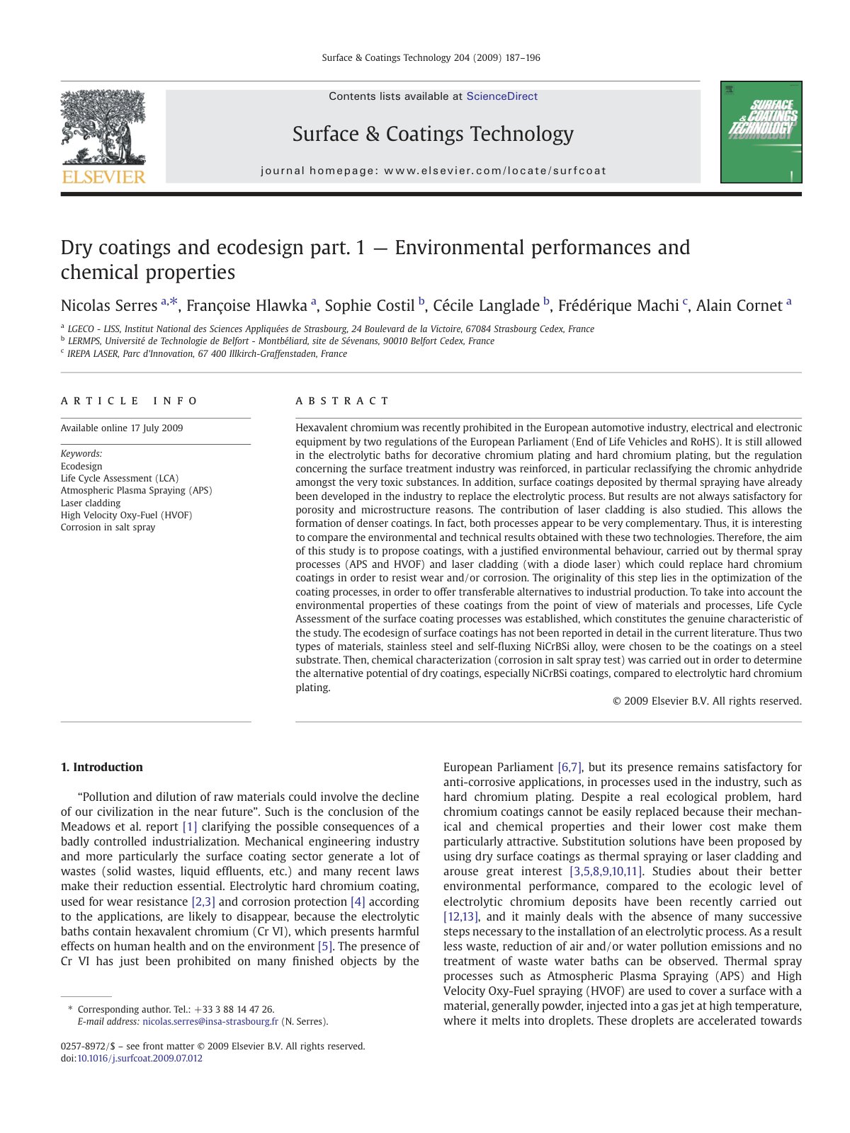 First page of Dry coatings and ecodesign part. 1— Environmental performances and chemical properties