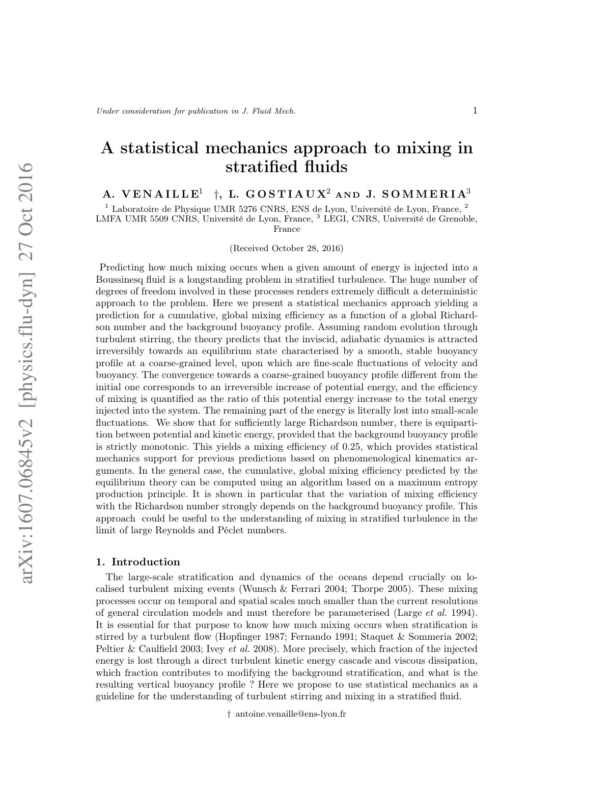 First page of A statistical mechanics approach to mixing in stratiﬁed ﬂuids
