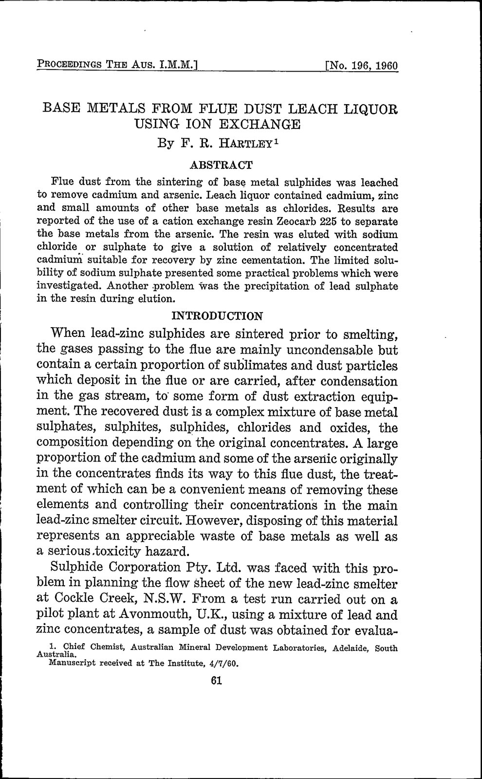 First page of Base Metals from Flue Dust Leach Liquor Using Ion Exchange