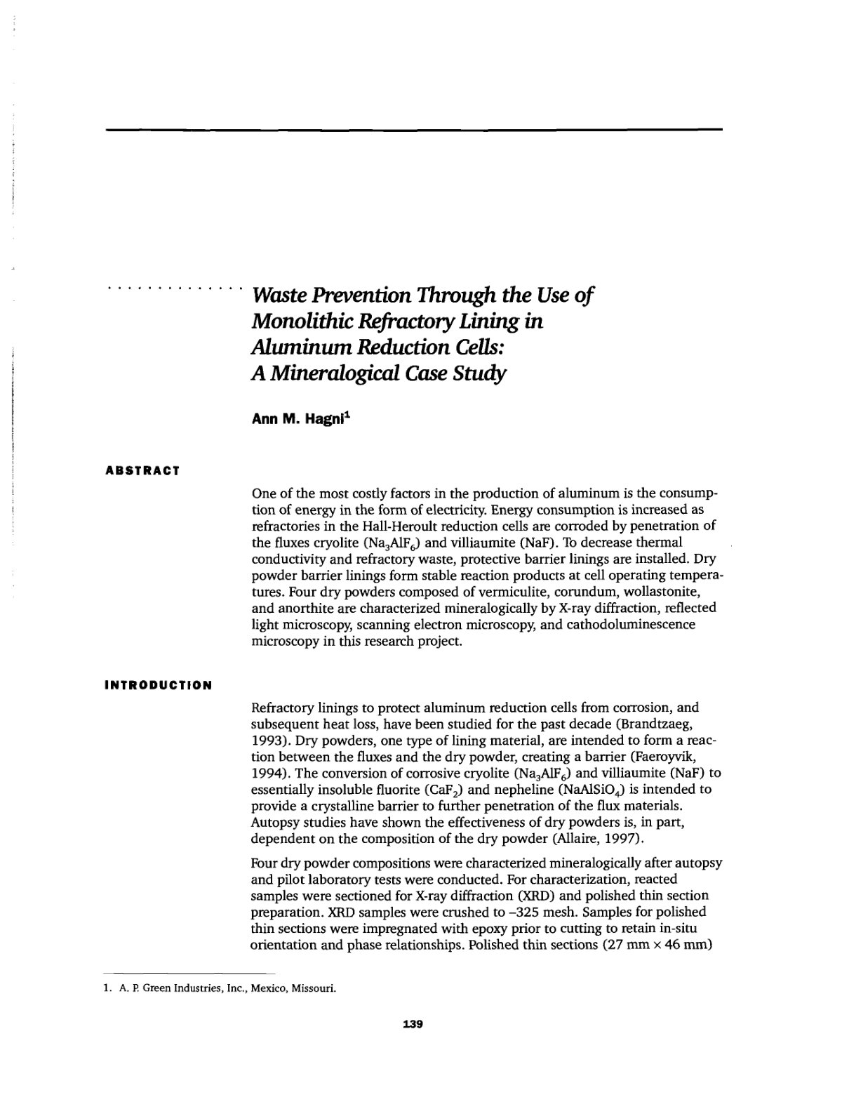 First page of Waste Prevention Through the Use of Monolithic Refractory Lining in Aluminum Reduction Cells: A Mineralogical Case Study