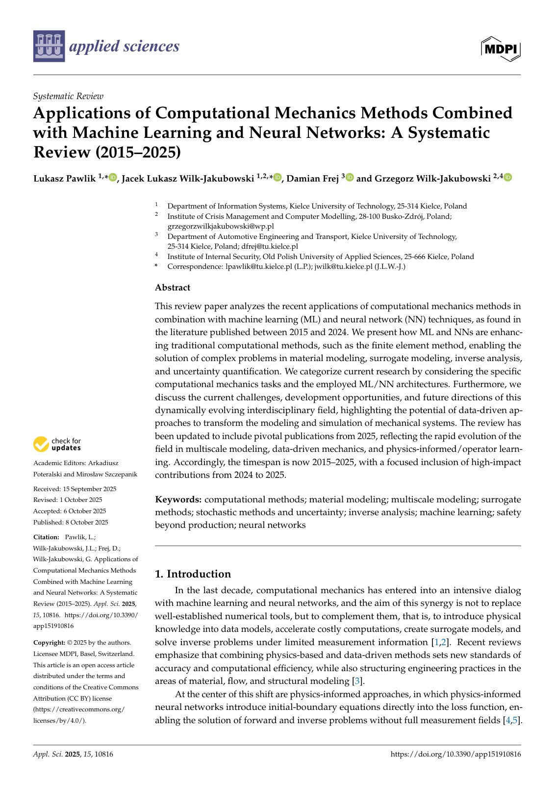 First page of Applications of Computational Mechanics Methods Combined with Machine Learning and Neural Networks: A Systematic Review (2015–2025)