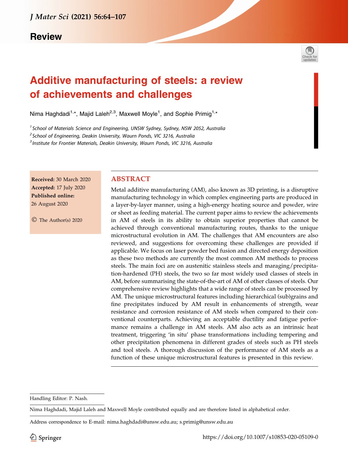First page of Additive manufacturing of steels: a review of achievements and challenges