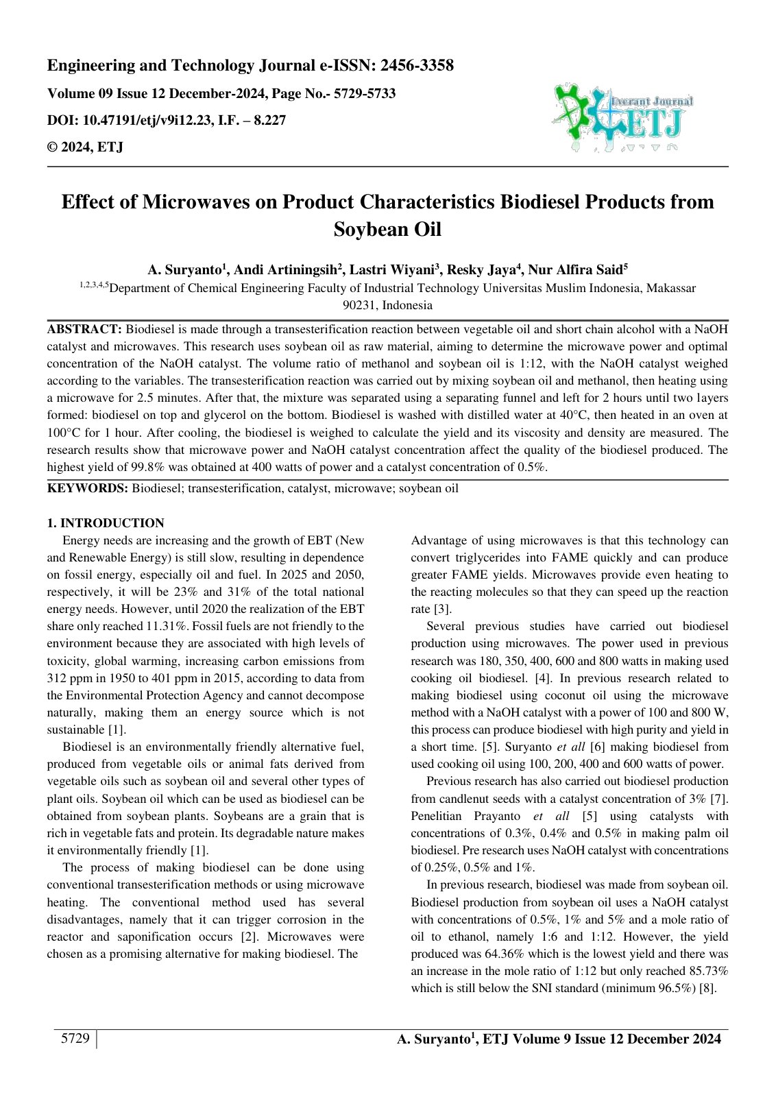 First page of Effect of Microwaves on Product Characteristics Biodiesel Products from 