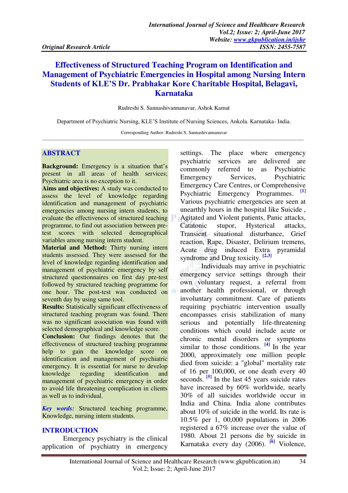 First page of Effectiveness of Structured Teaching Program on Identification and Management of Psychiatric Emergencies in Hospital among Nursing Intern Students of KLE’S Dr. Prabhakar Kore Charitable Hospital, Belagavi, Karnataka