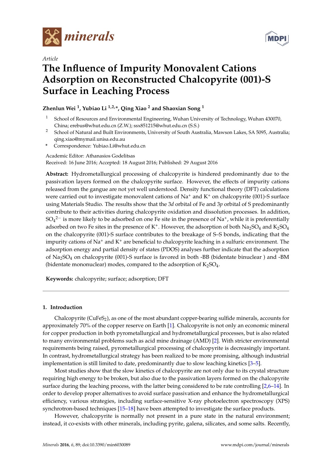First page of The Inﬂuence of Impurity Monovalent Cations Adsorption on Reconstructed Chalcopyrite (001)-S Surface in Leaching Process