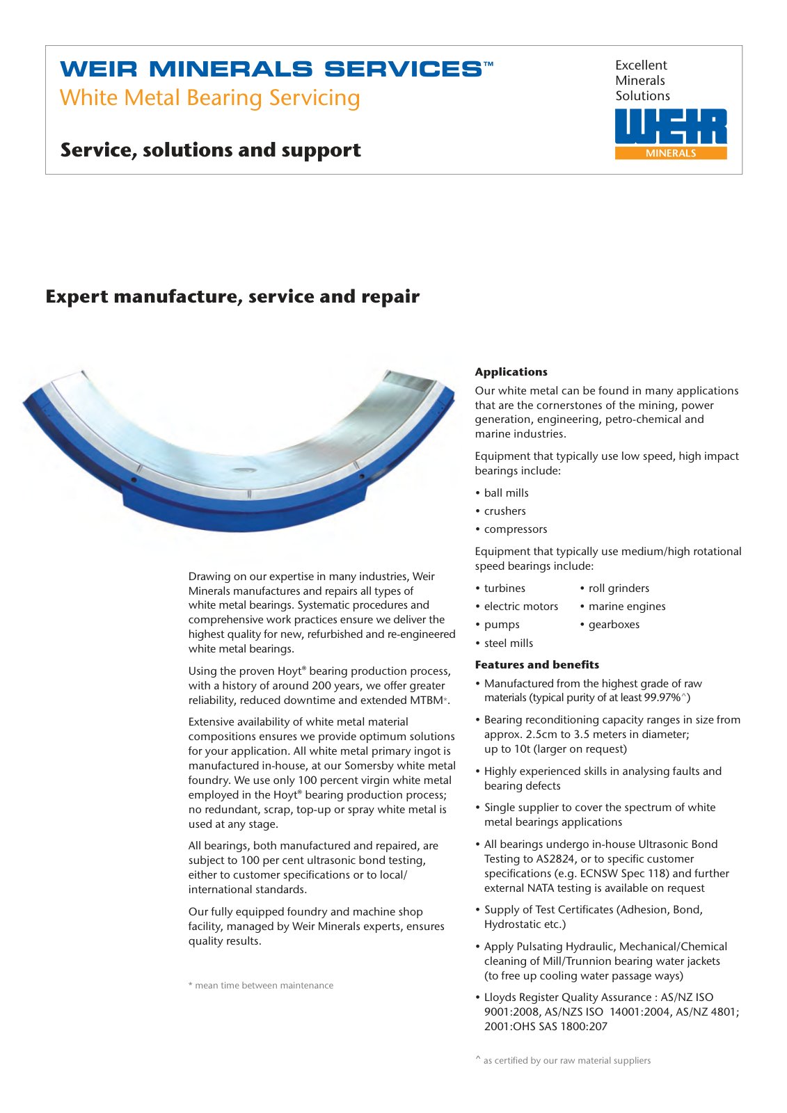 First page of Weir Minerals Services White Metal Bearings capability PREVIEW