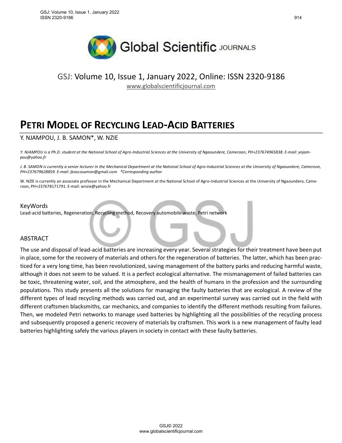 First page of PETRI MODEL OF RECYCLING LEAD ACID BATTERIES