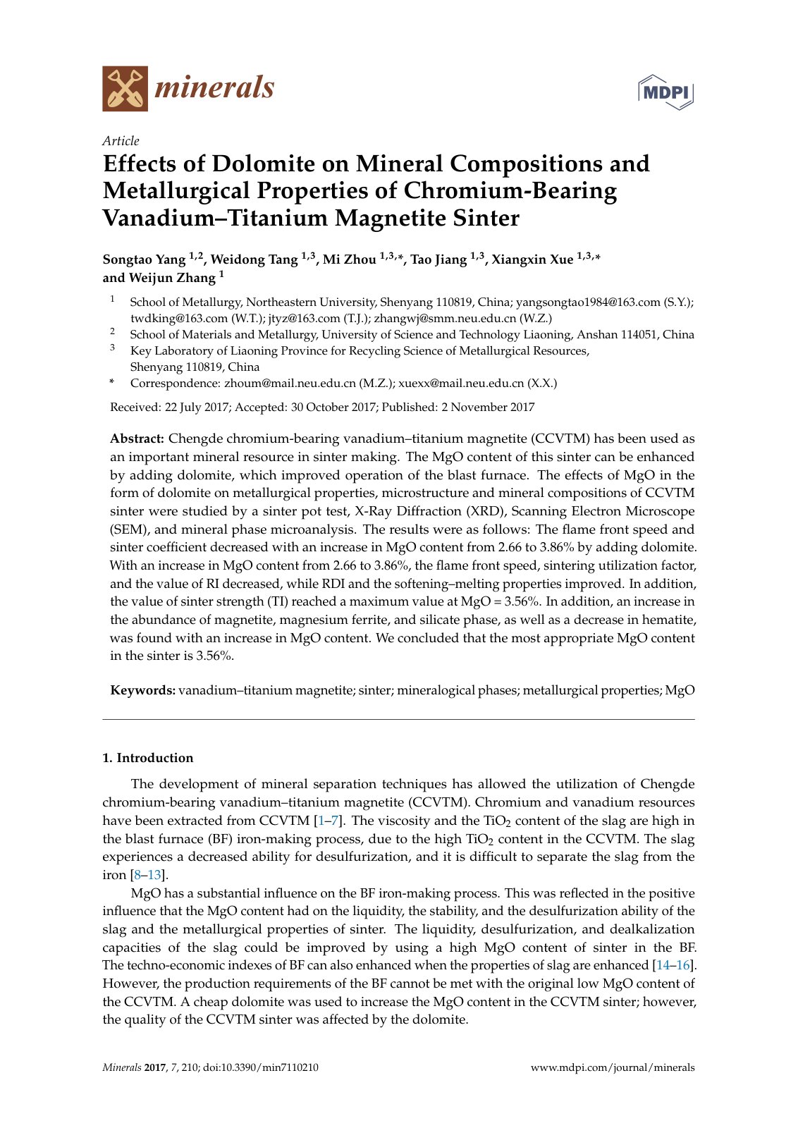 First page of 2017 Songtao Yang Effects of Dolomite on Mineral Compositions and Metallurgical Properties of Chromium Bearing Vanadium Tit min7110210