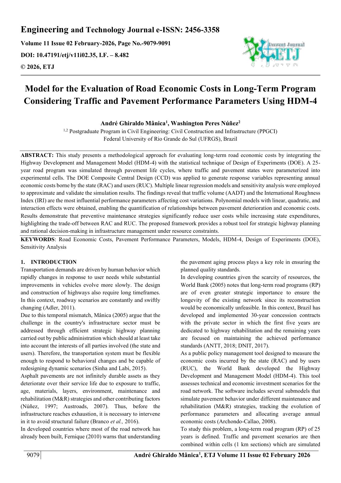 First page of Model for the Evaluation of Road Economic Costs in Long-Term Program  Considering Traffic and Pavement Performance Parameters Using HDM-4  