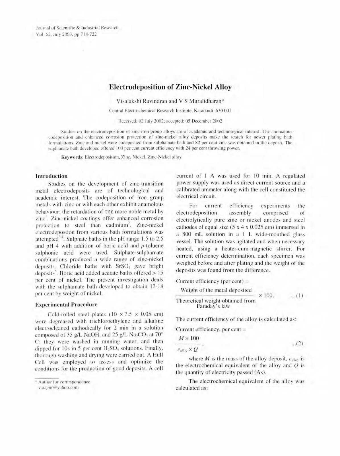 First page of Electrodeposition of zinc nickel alloy