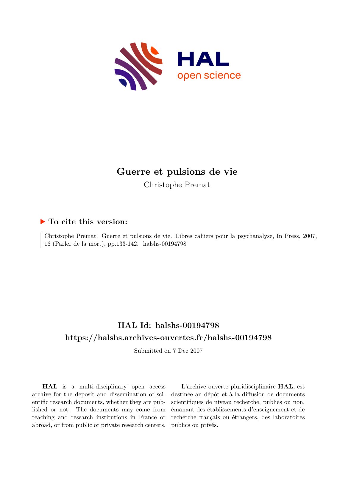 First page of Guerre et pulsions de vie