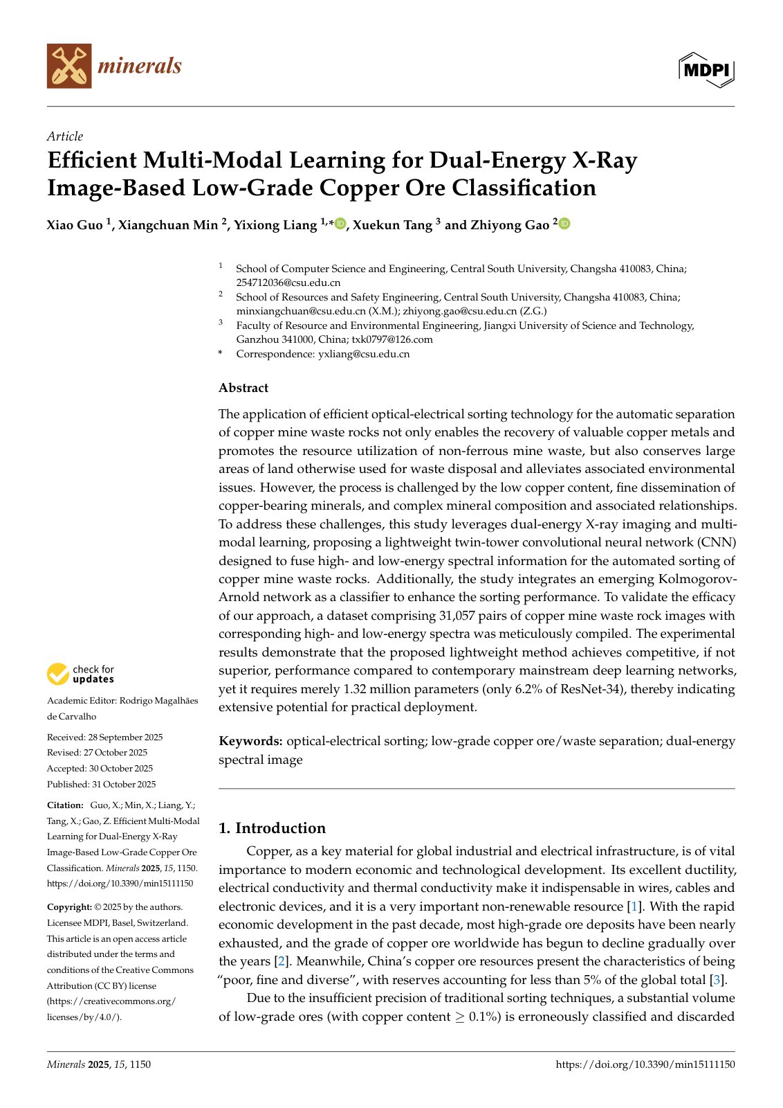 First page of Efficient Multi-Modal Learning for Dual-Energy X-Ray Image-Based Low-Grade Copper Ore Classification