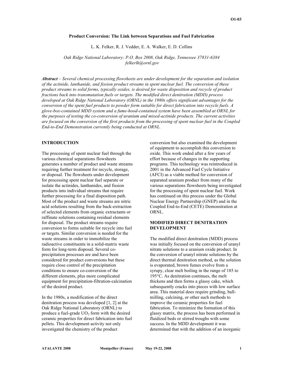 First page of Product Conversion: The Link between Separations and Fuel Fabrication