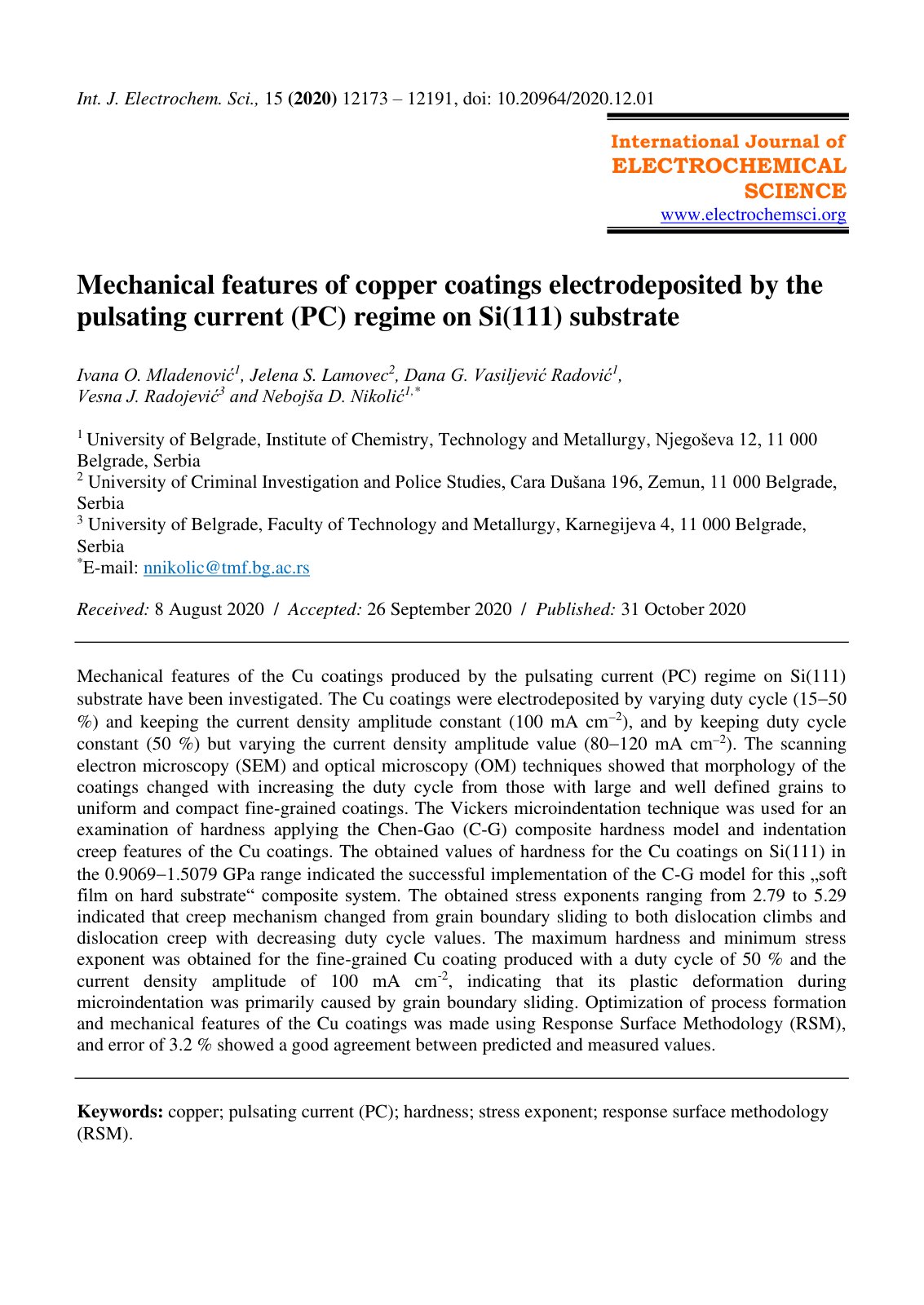 First page of Mechanical features of copper coatings electrodeposited by the pulsating current (PC) regime on Si(111) substrate