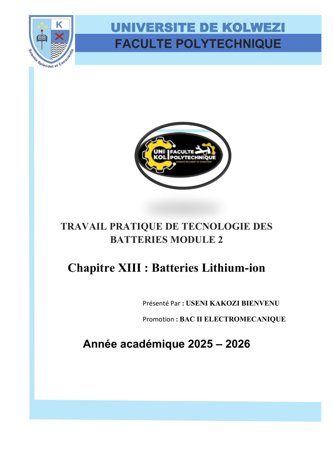 First page of TRAVAIL PRATIQUE DE TECNOLOGIE DES BATTERIES MODULE 2 Chapitre XIII : Batteries Lithium-ion
