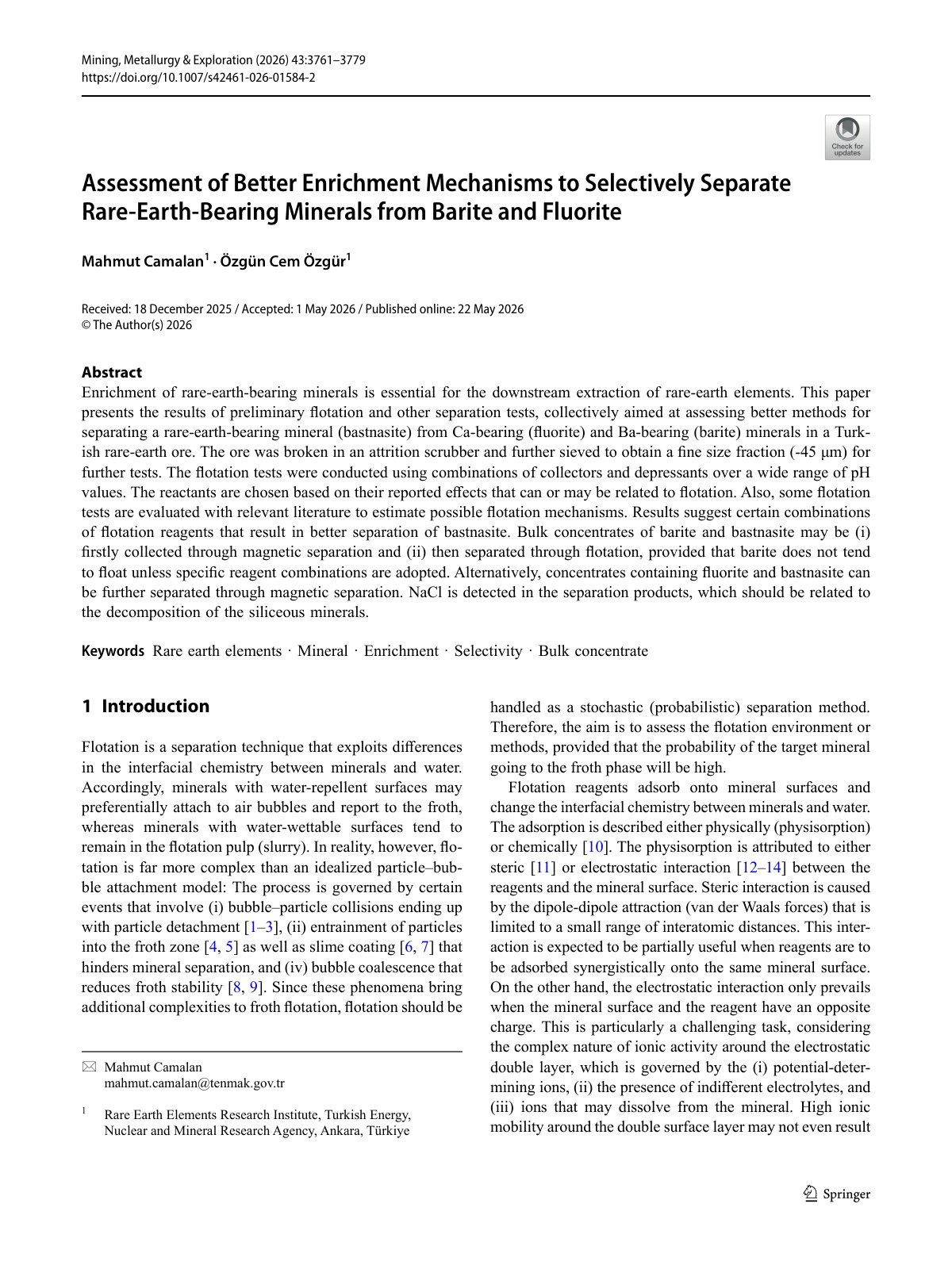 First page of Assessment of Better Enrichment Mechanisms to Selectively Separate Rare-Earth-Bearing Minerals from Barite and Fluorite