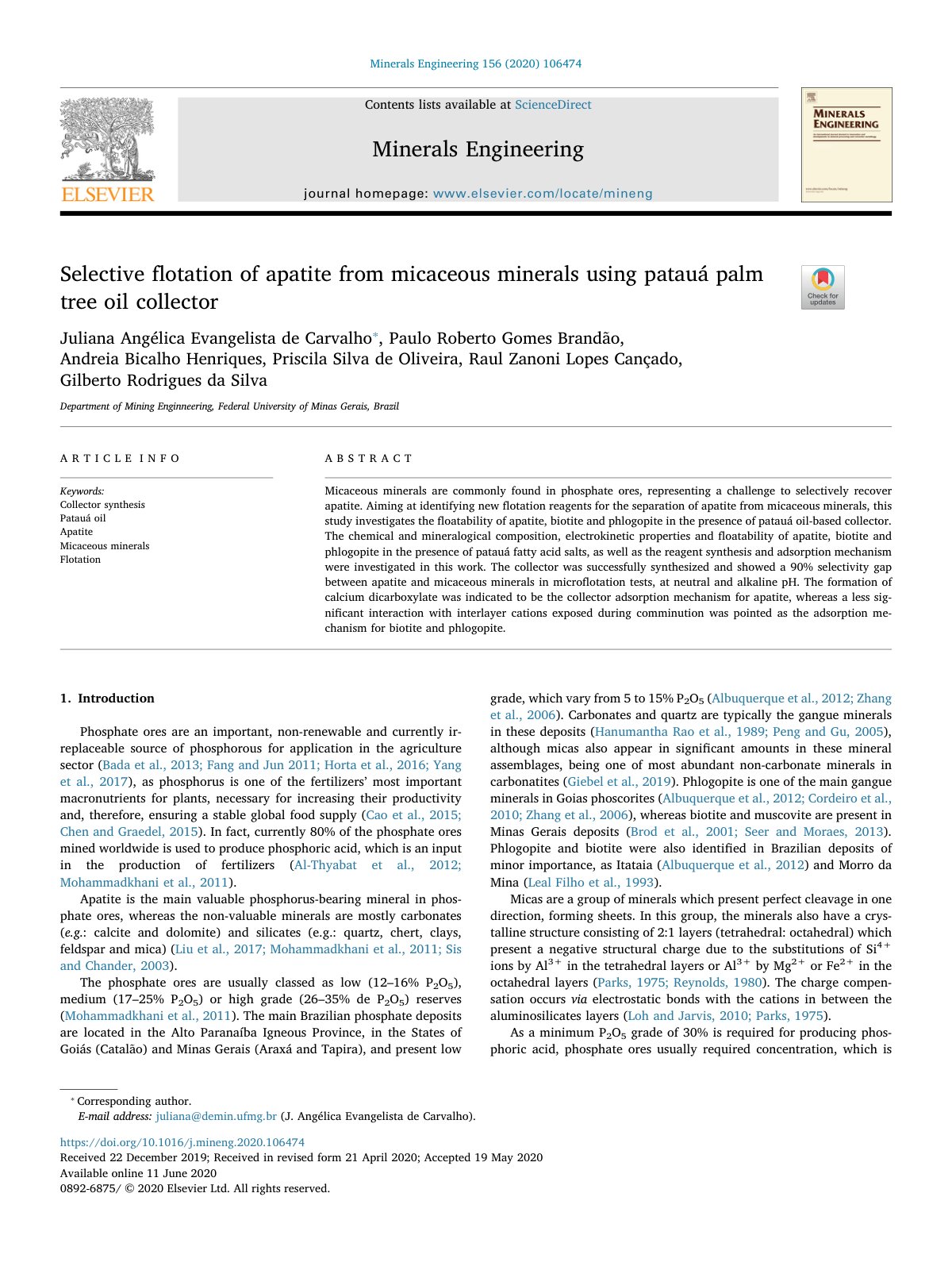 First page of Selective flotation of apatite from micaceous minerals usi 2020 Minerals Eng