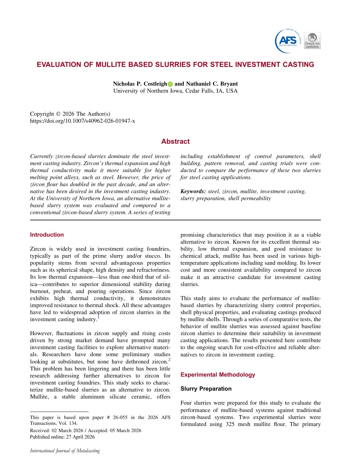 First page of 2026 Costleigh Mullite Slurries Steel Investment Casting