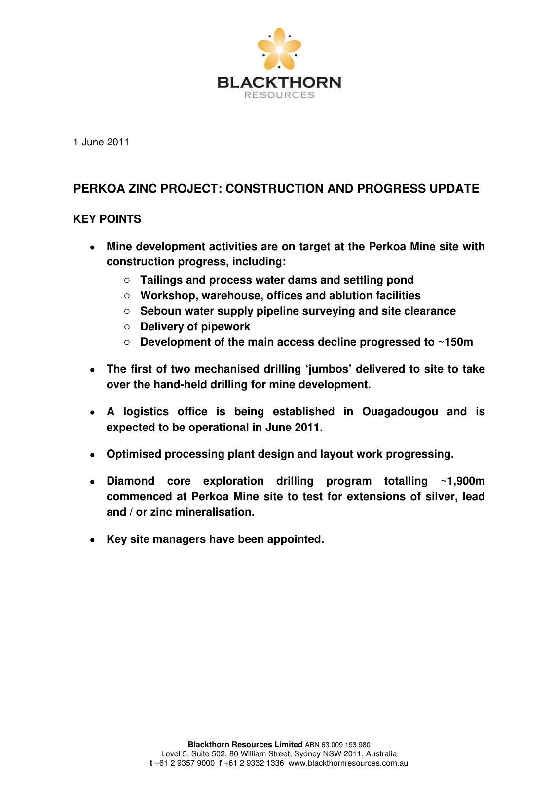 First page of ASX ANN Perkoa Project Update 20110601