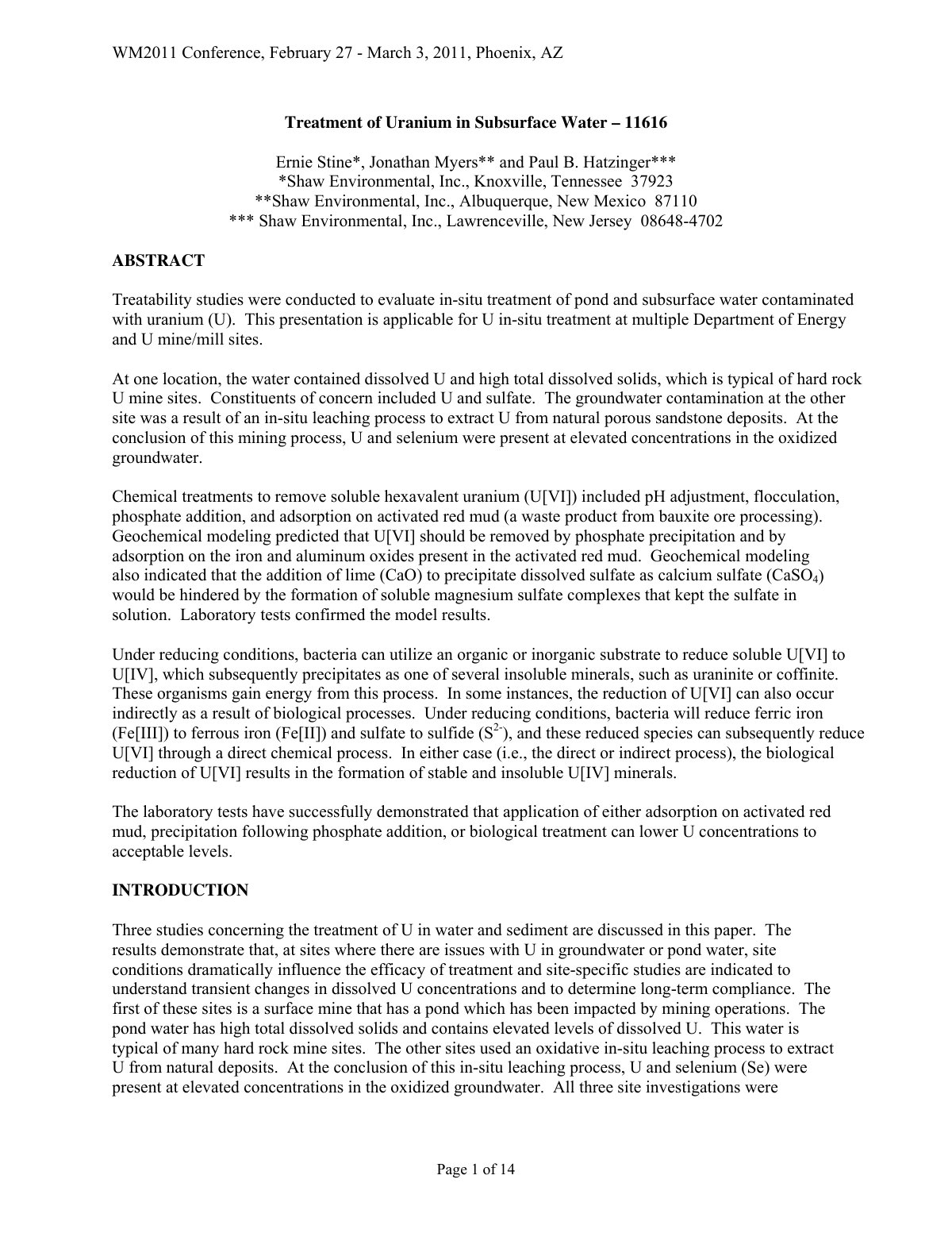First page of Treatment of Uranium in Subsurface Water