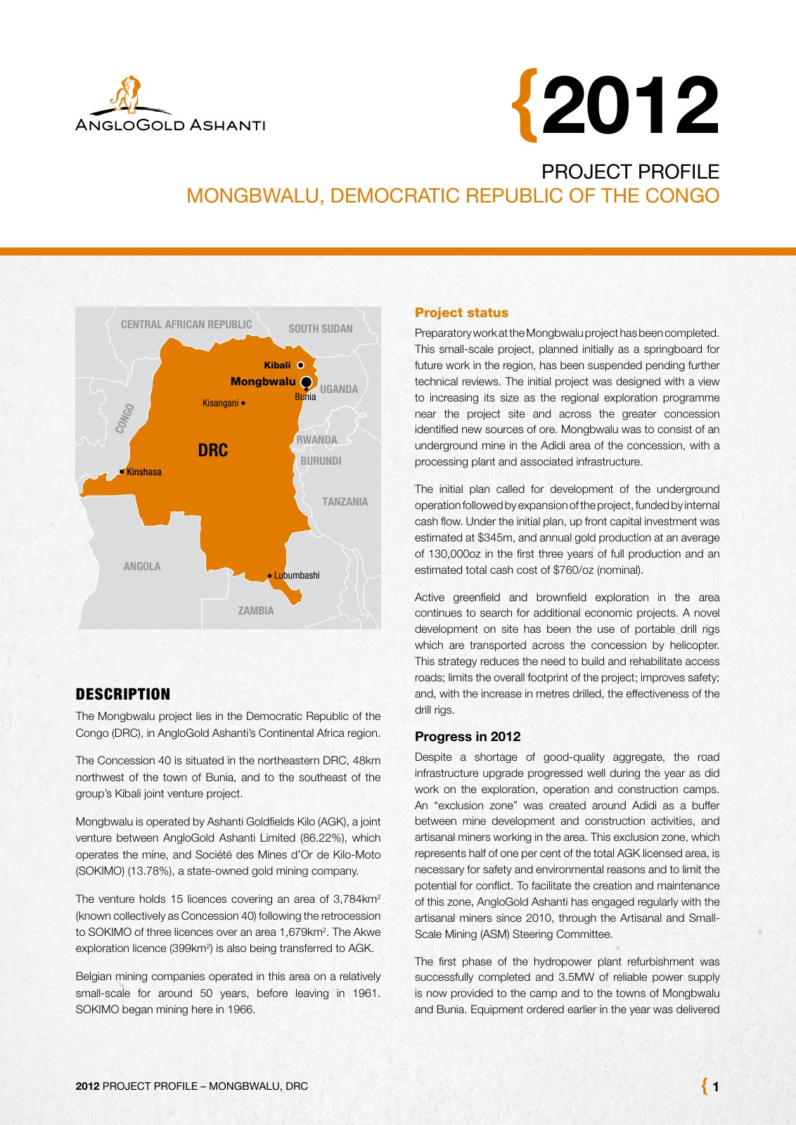 First page of PROJECT PROFILE: Mongbwalu, Democratic Republic of the Congo