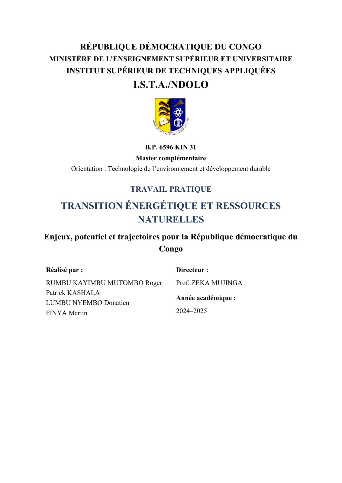 First page of Transition énergétique et ressources naturelles: Enjeux, potentiel et trajectoires pour la République démocratique du Congo