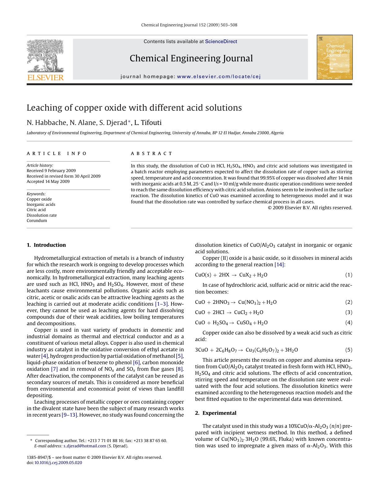 First page of Leaching of copper oxide with different acid solutions