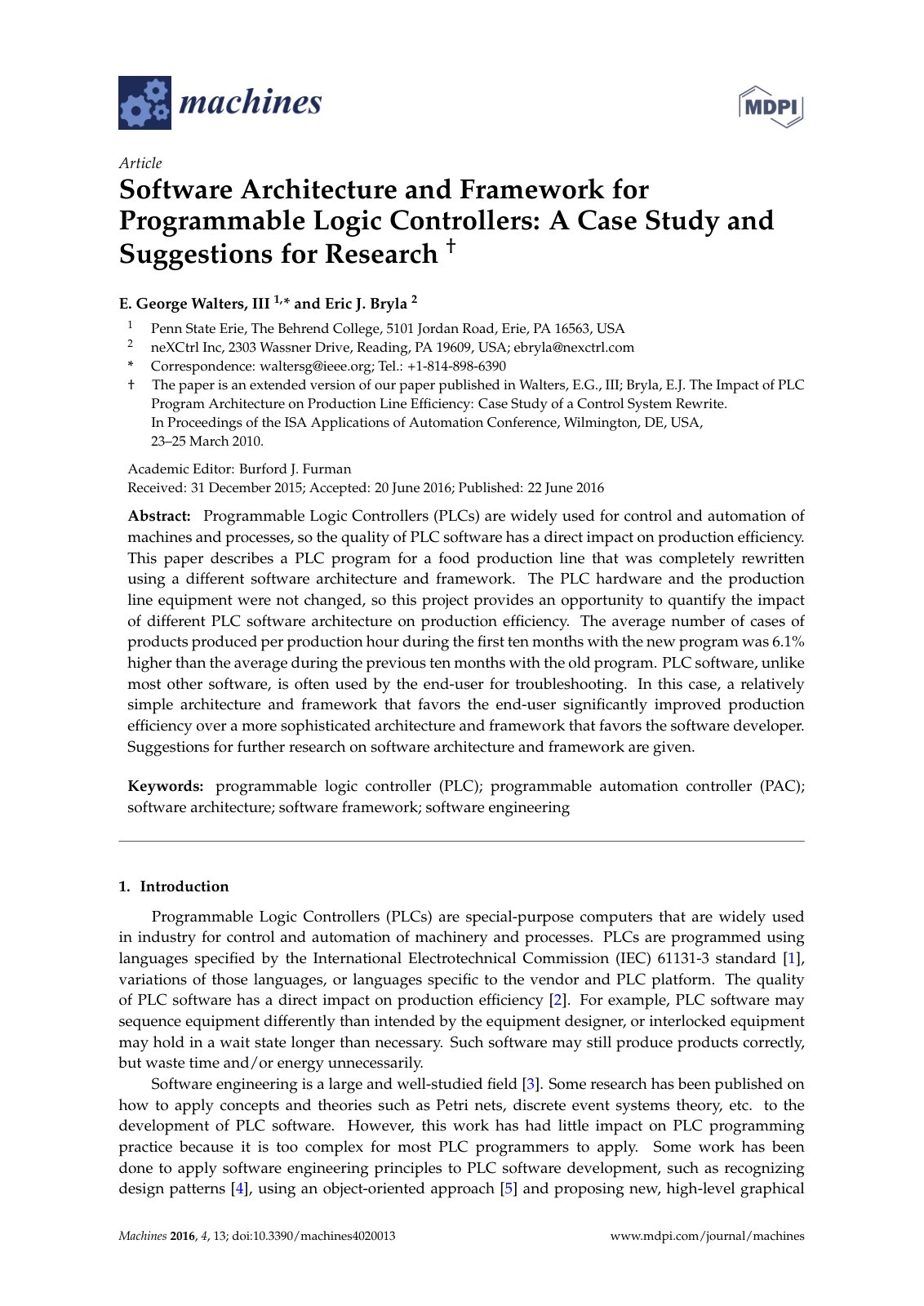 First page of Software Architecture and Framework for Programmable Logic Controllers: A Case Study and Suggestions for Research