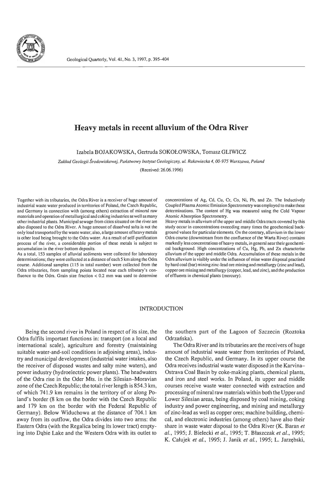 First page of Heavy metals in recent alluvium of the Odra River