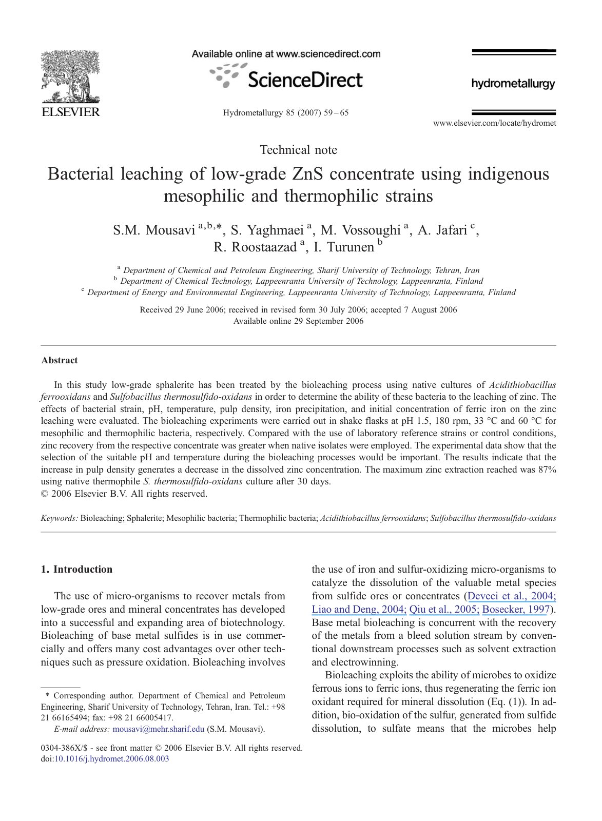 First page of Bacterial leaching of low grade ZnS conc