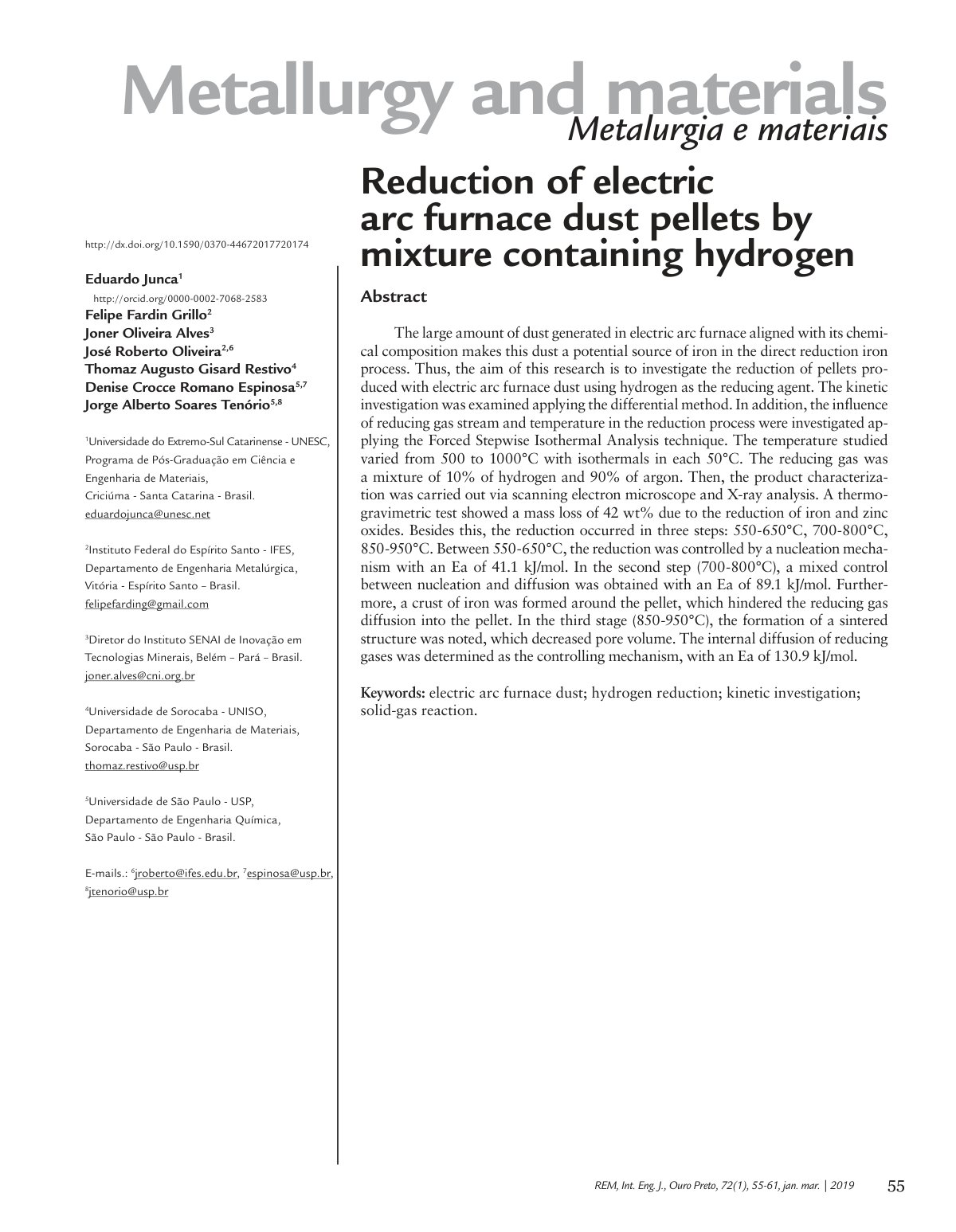 First page of Investigation of the reduction of pellets produced with electric arc furnace dust using hydrogen as the reducing agent