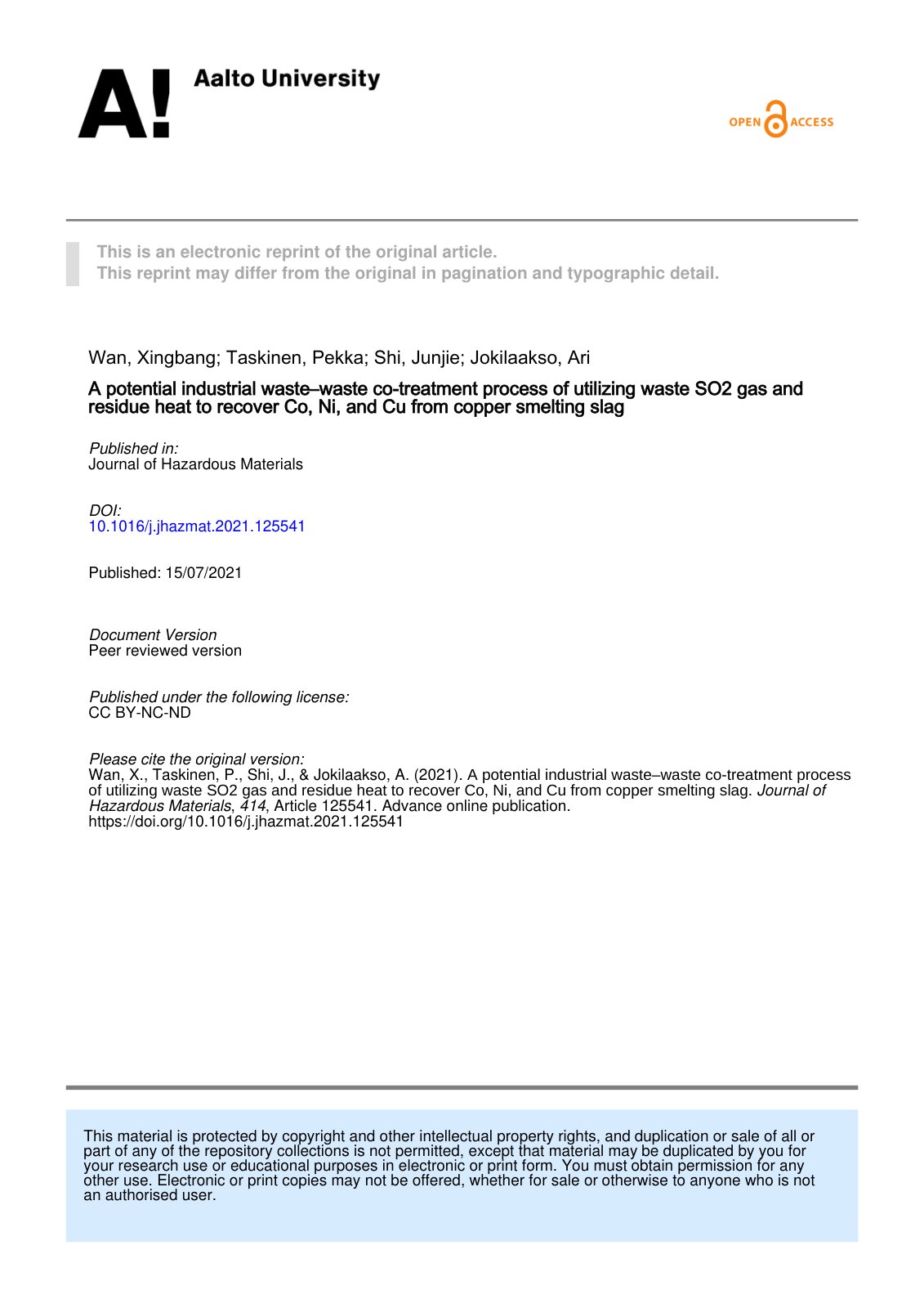 First page of A potential industrial waste waste co tr