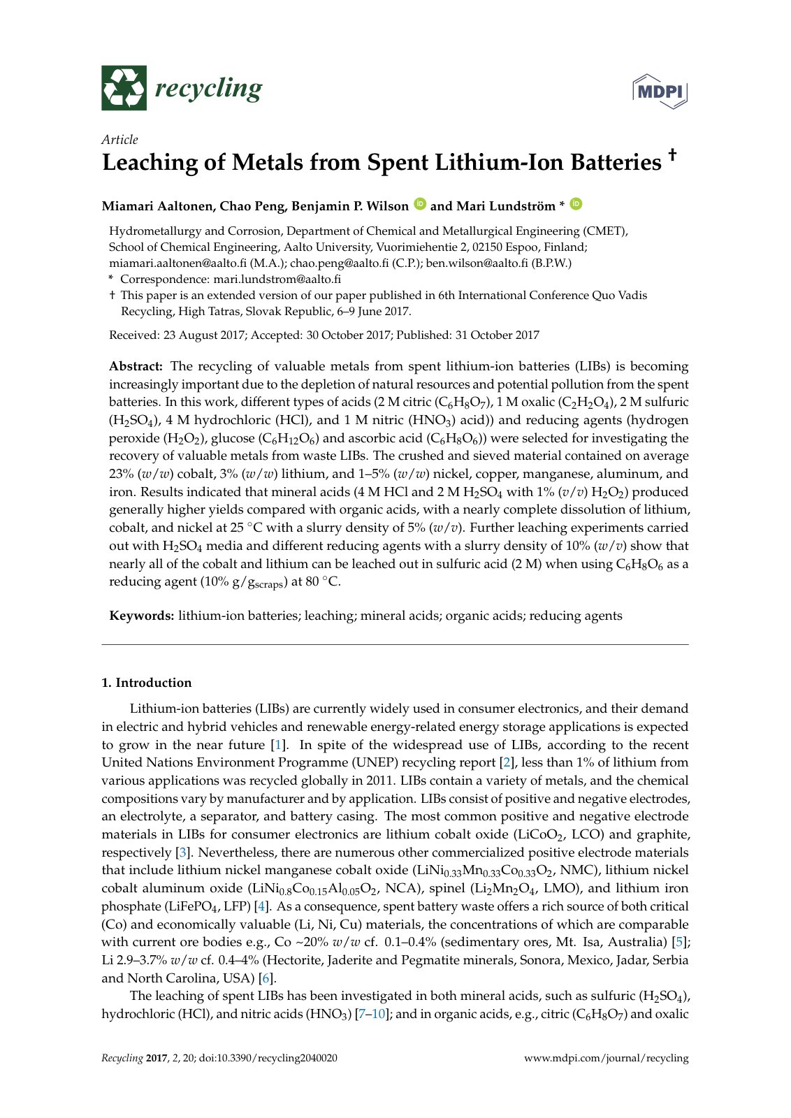 First page of Leaching of Metals from Spent Lithium Io