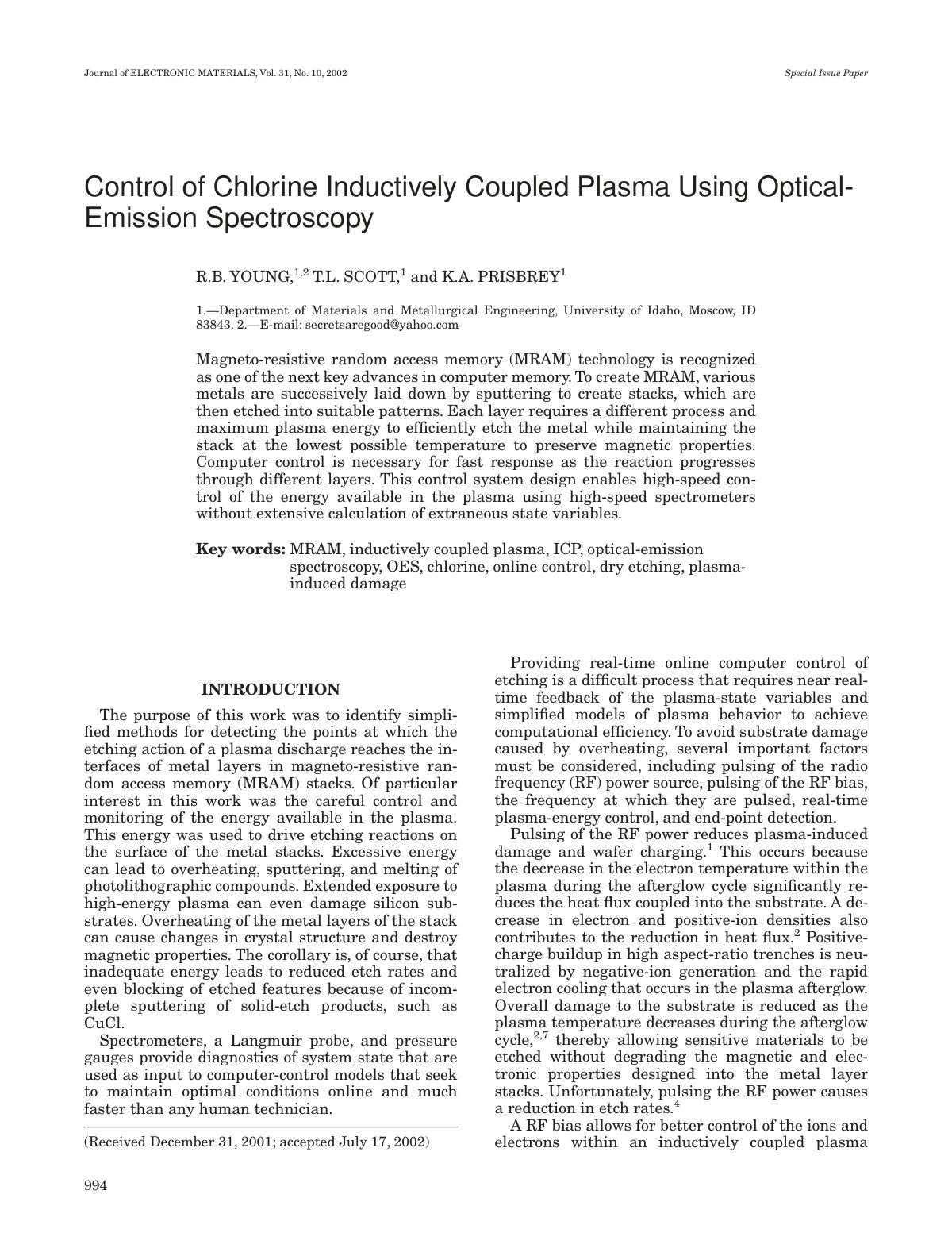 First page of Control of chlorine inductively coupled