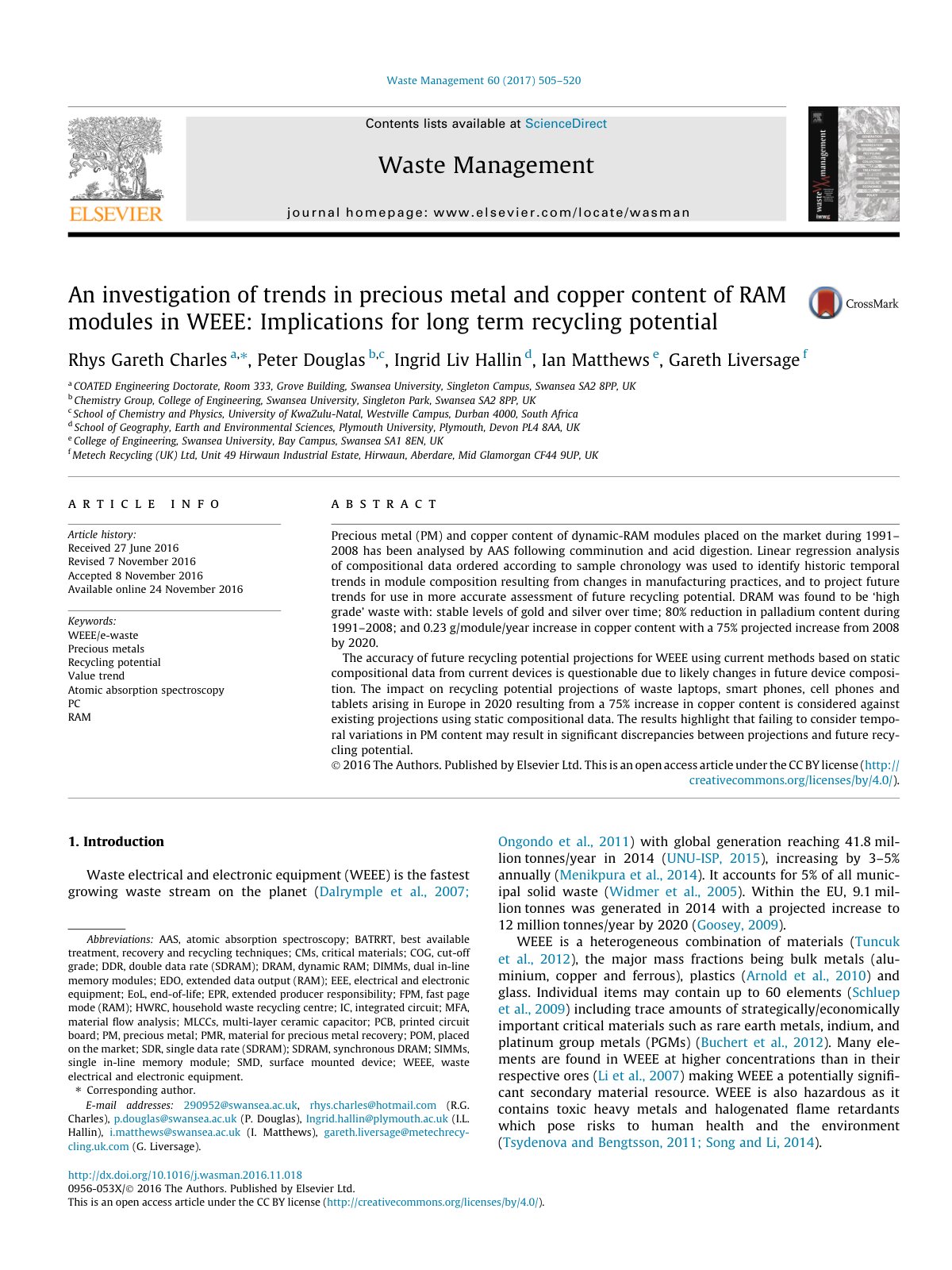 First page of An investigation of trends in precious metal and copper content 2017 Waste M