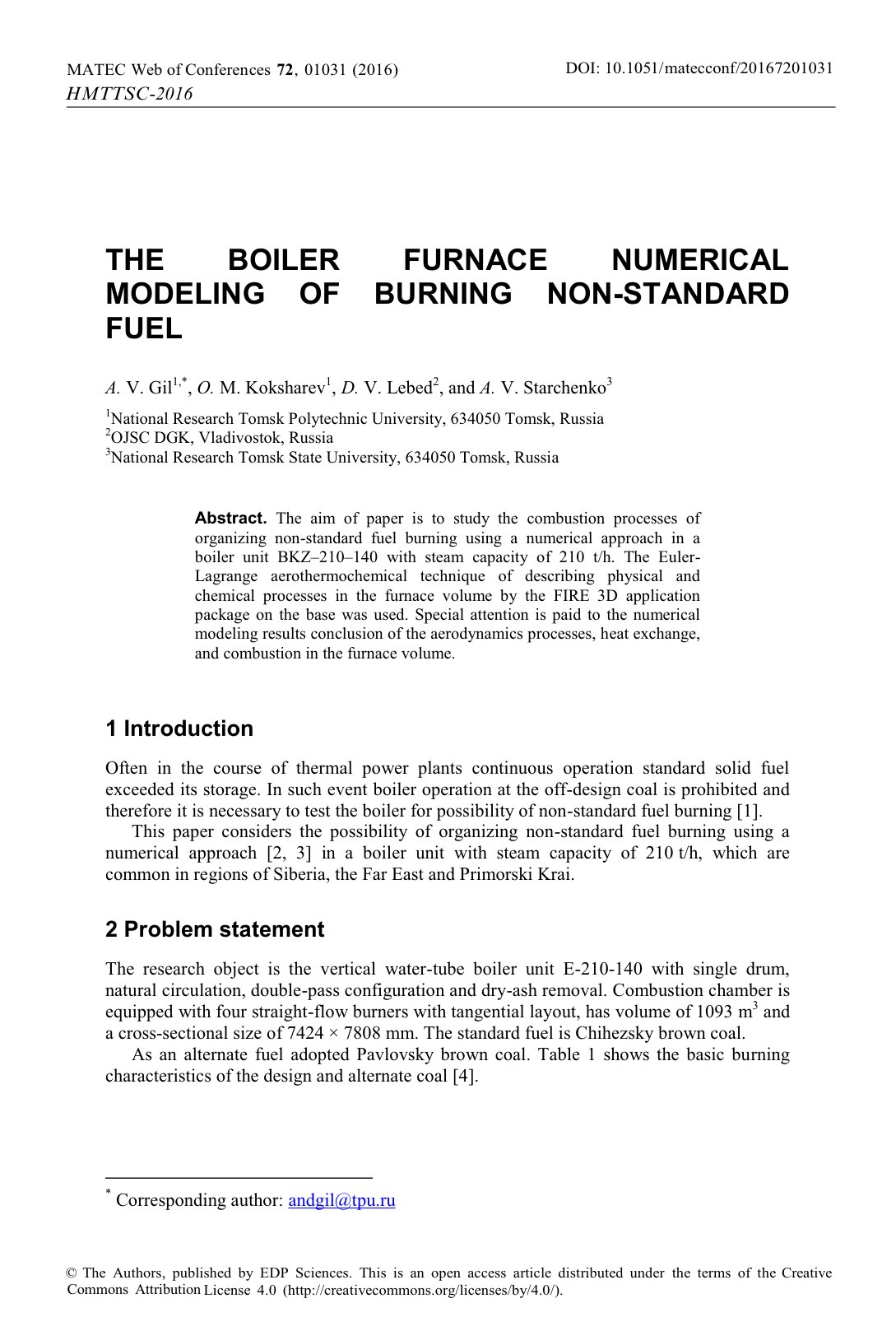 First page of THE BOILER FURNACE NUMERICAL MODELING OF BURNING NON-STANDARD FUEL