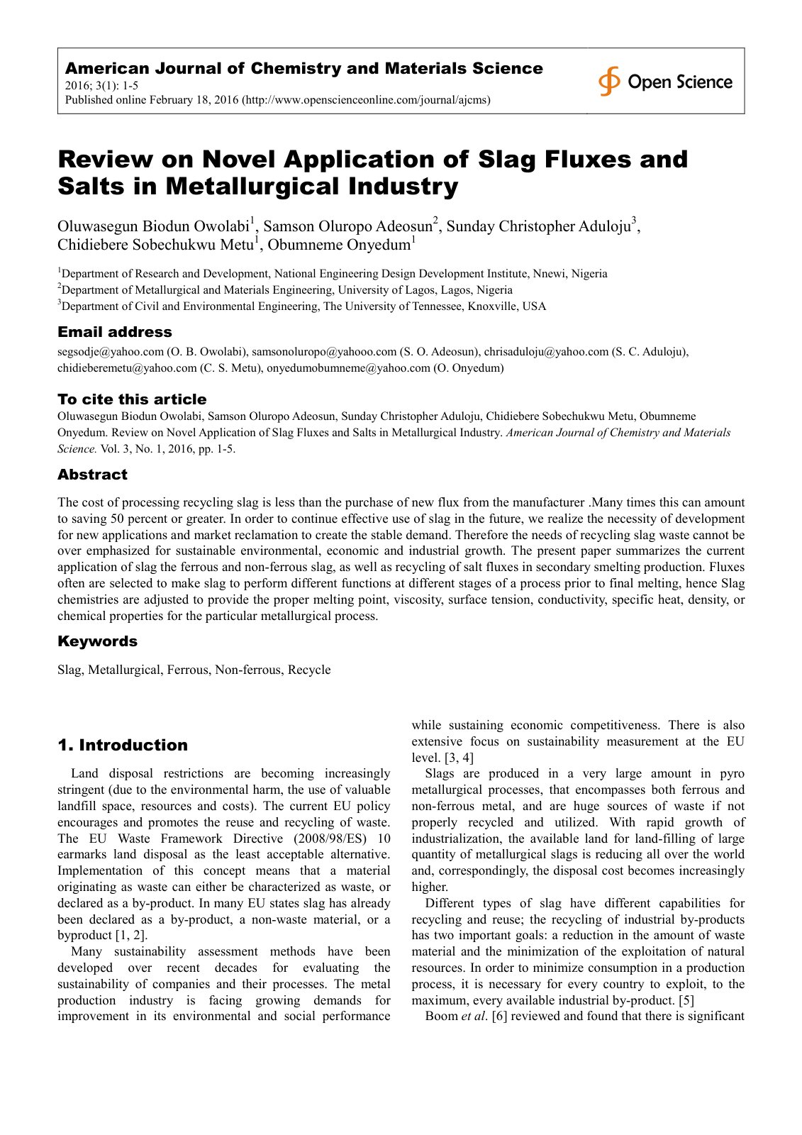 First page of Review on Novel Application of Slag Flux
