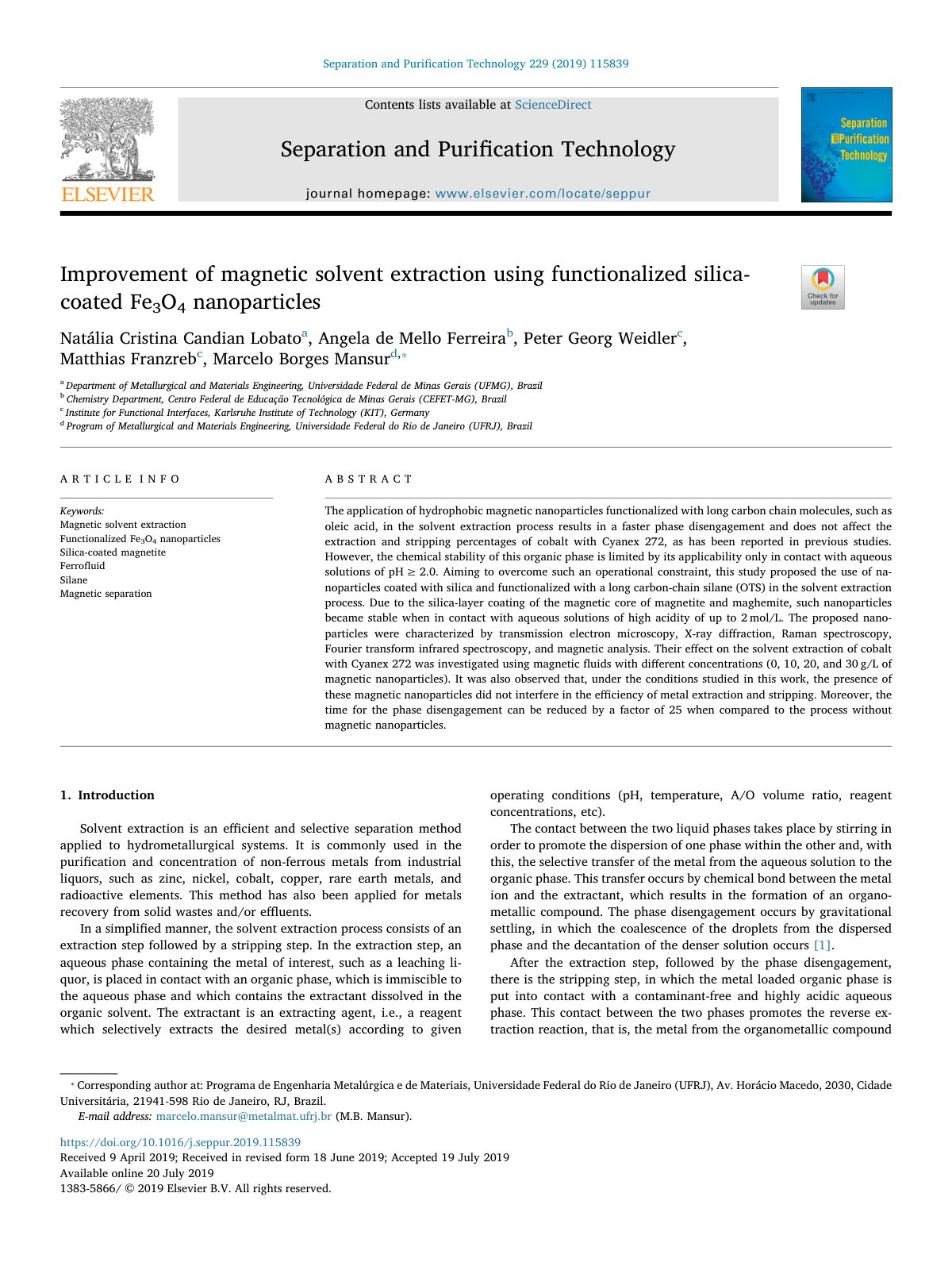 First page of Improvement of magnetic solvent extraction using functionalized silica-coated Fe3O4 nanoparticles