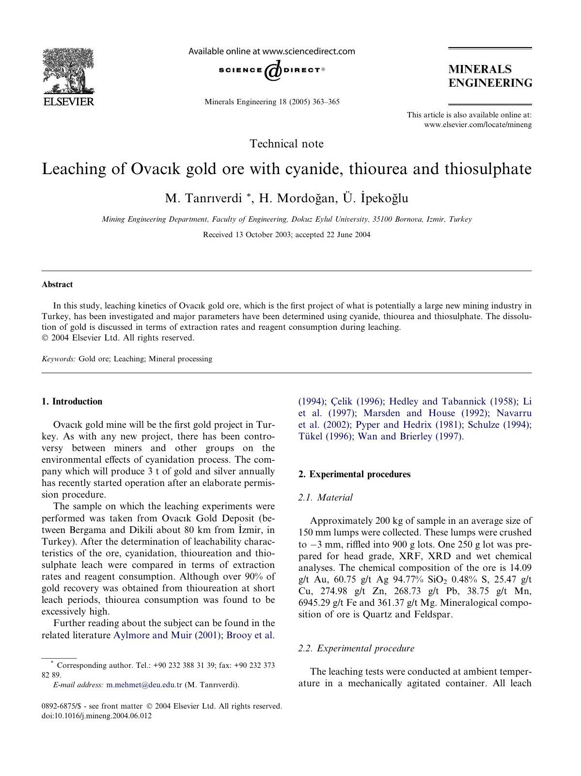 First page of Leaching of Ovacik gold ore with cyanide