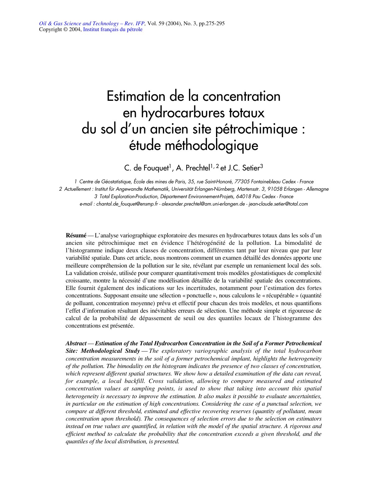 First page of Estimation de la concentration en hydrocarbures totaux du sol d’un ancien site pétrochimique