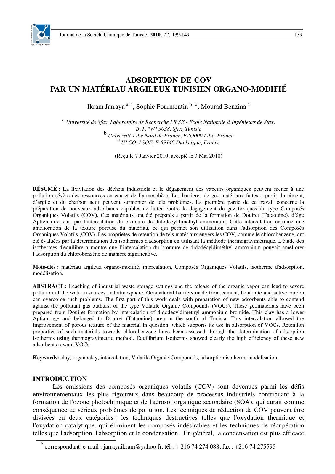 First page of Adsorption De Cov Par Un Materiau Argile