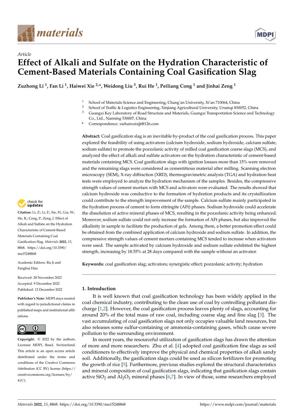 First page of Effect of Alkali and Sulfate on the Hydration Characteristic of Cement-Based Materials Containing Coal Gasiﬁcation Slag