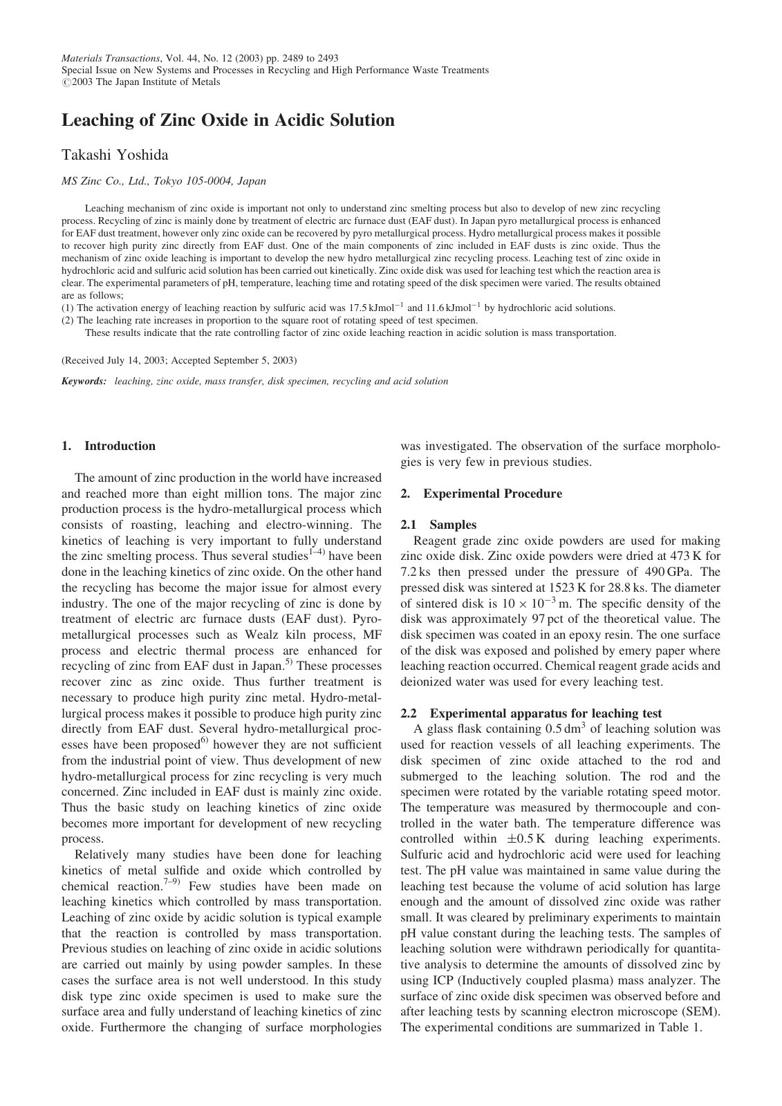 First page of 2003 Takashi Yoshida Leaching of Zinc Oxide in Acidic Solution matertrans.44.2489