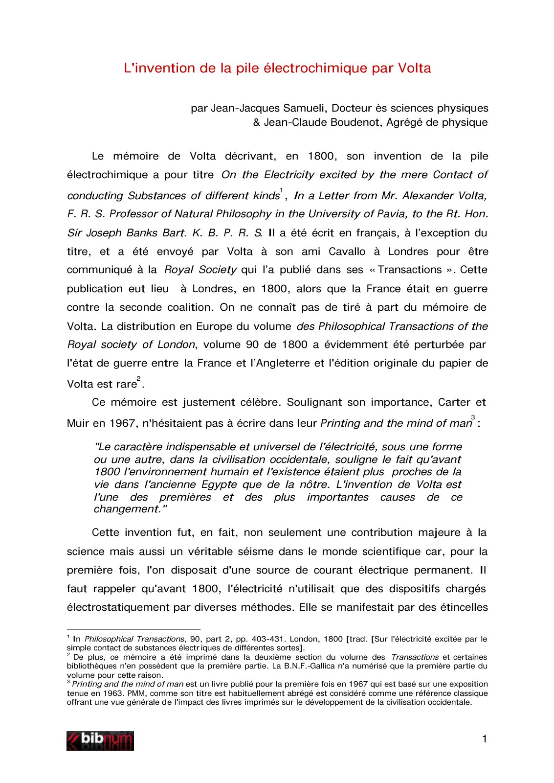 First page of VOLTA PHILOSOPHICAL TRANSACTIONS SAMUELI BOUDENOT
